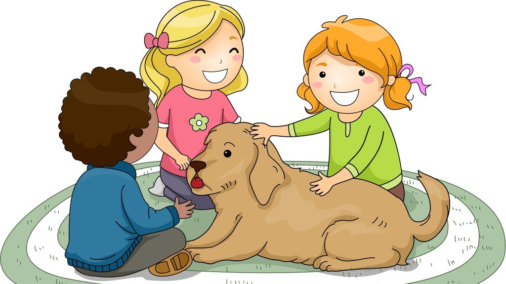 The kids play with the dog. The dog is a pet.